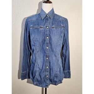 Vtg Edie Bauer Chambray‎ Denim Pearl Snap Long Sleeved Shirt Western Sz M